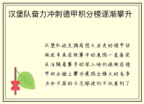 汉堡队奋力冲刺德甲积分榜逐渐攀升