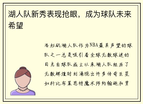 湖人队新秀表现抢眼，成为球队未来希望