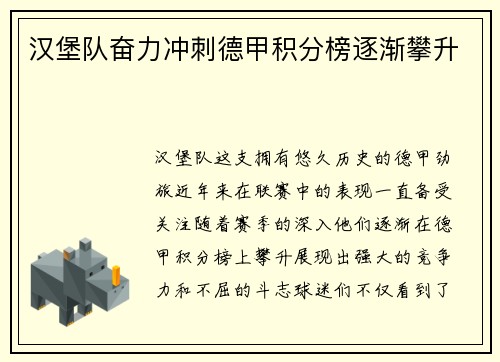 汉堡队奋力冲刺德甲积分榜逐渐攀升